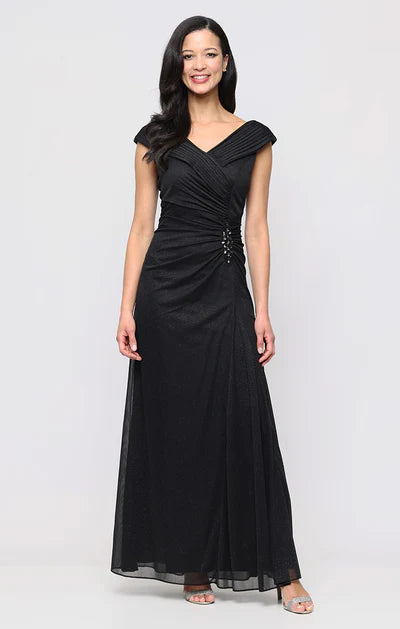 Black Glitter Pleated Off-The-Shoulder Wrap V-Neck Ruched Rhinestone Accent A-Line Floor Length Mother of the Bride Dresses
