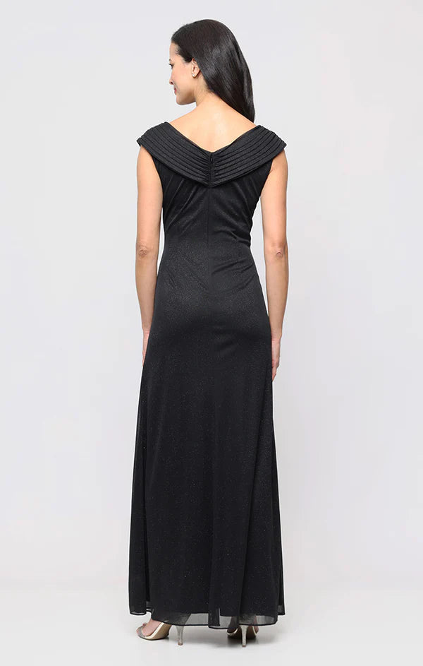Black Glitter Pleated Off-The-Shoulder Wrap V-Neck Ruched Rhinestone Accent A-Line Floor Length Mother of the Bride Dresses