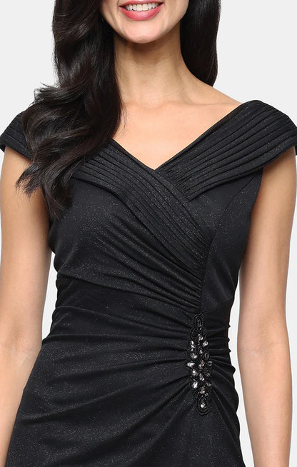 Black Glitter Pleated Off-The-Shoulder Wrap V-Neck Ruched Rhinestone Accent A-Line Floor Length Mother of the Bride Dresses