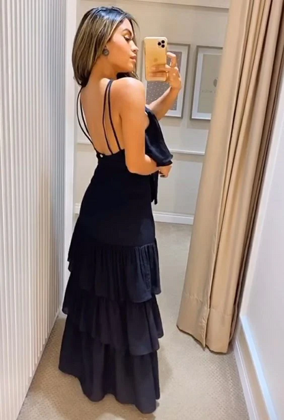 Chic Black Halter-Neck Tiered-Ruffle Open-Back Maxi Casual Prom Dress