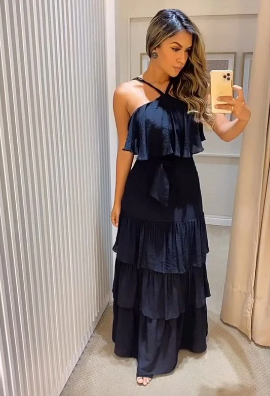 Black Halter-Neck Tiered-Ruffle Open-Back Maxi Casual Prom Dresses