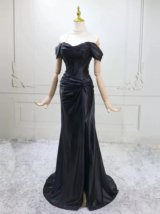 Black Satin Mermaid Off-the-Shoulder Corset Back Floor-Length Prom Dress