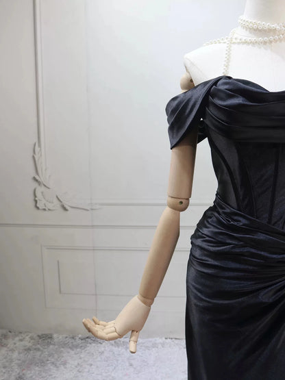 Black Satin Mermaid Off-the-Shoulder Corset Back Floor-Length Prom Dress