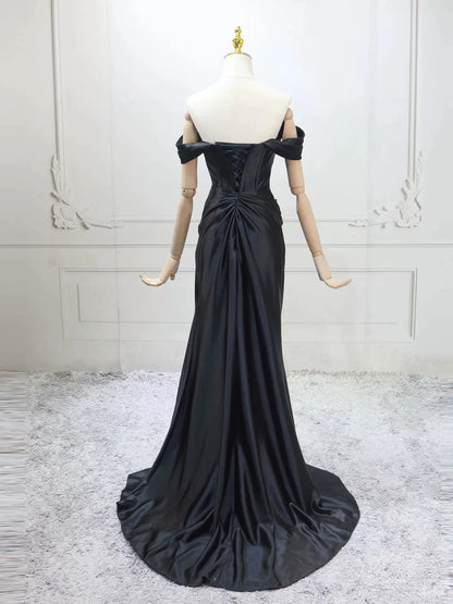 Black Satin Mermaid Off-the-Shoulder Corset Back Floor-Length Prom Dress
