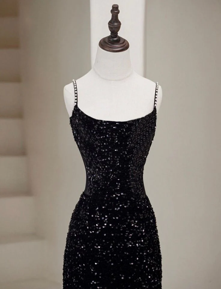 Sparkling Sequin Mermaid Square Neck Rhinestone-Strap Sheer Back Black Prom Dress