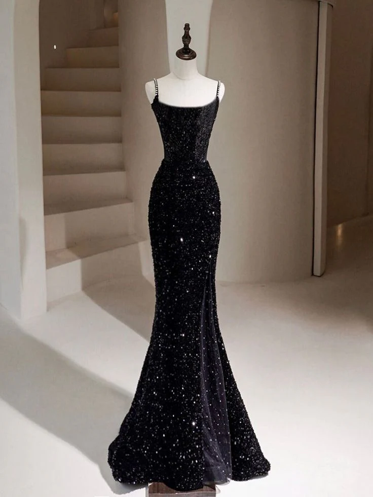 Sparkling Sequin Mermaid Square Neck Rhinestone-Strap Sheer Back Black Prom Dress