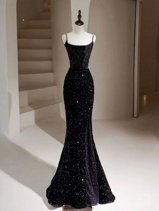 Black Sequin Square Neck Rhinestone-Strapped Sheer Back Bow-Detail Mermaid Prom Dresses