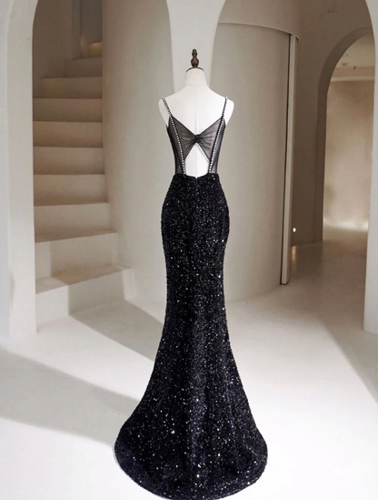 Sparkling Sequin Mermaid Square Neck Rhinestone-Strap Sheer Back Black Prom Dress