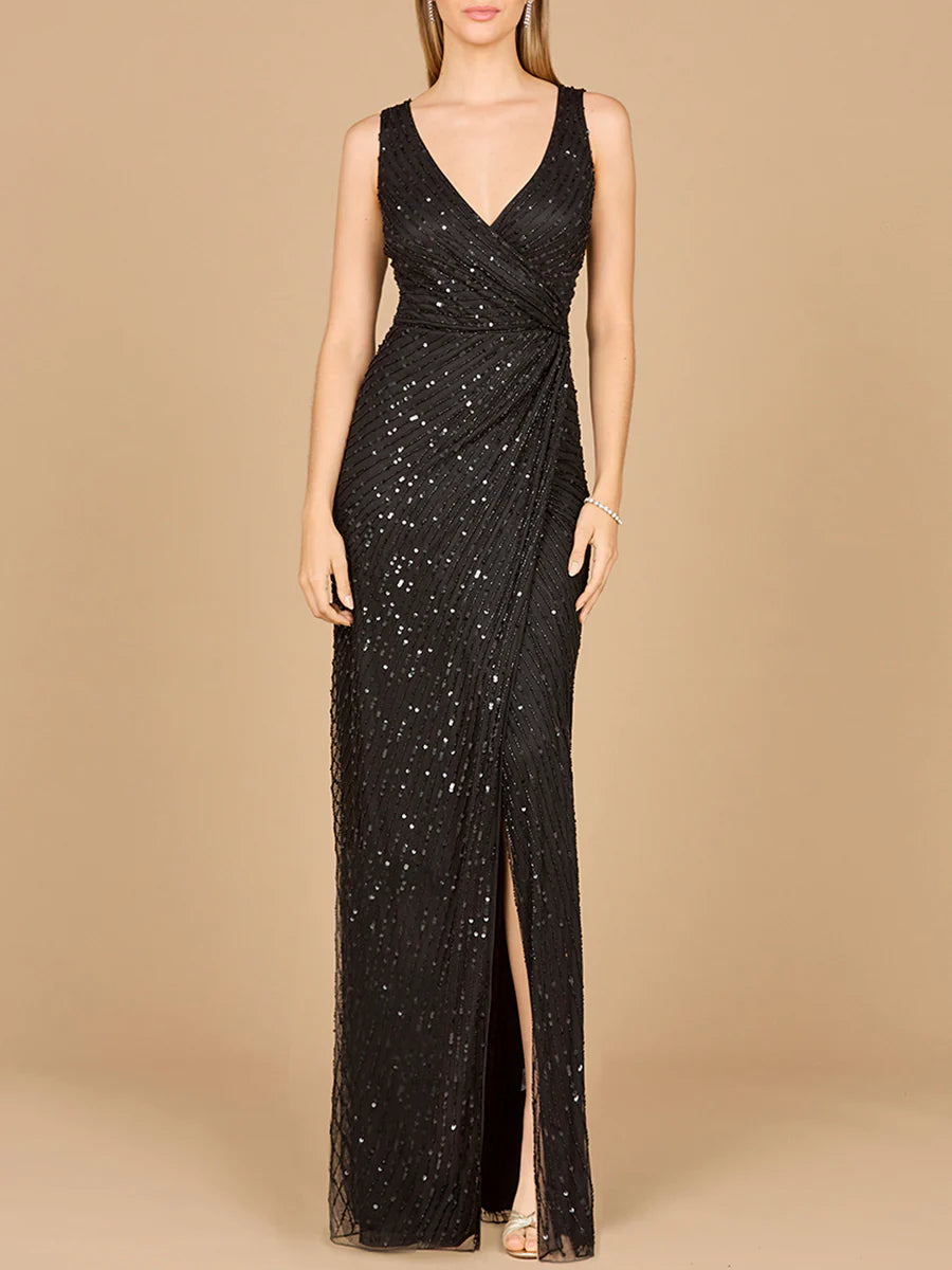 Black Sleeveless V-Neck Wrap Ruched Linear Sequin High Slit Sheath Floor Length Mother of the Bride Dresses
