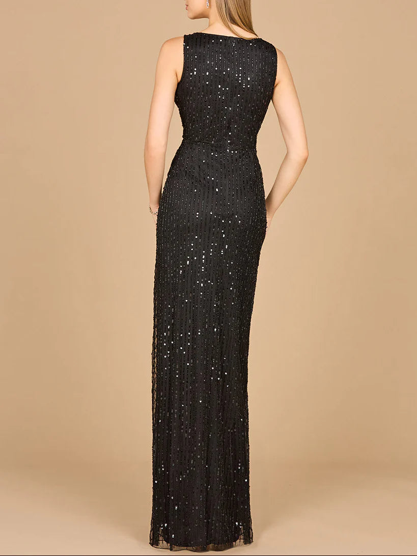 Black Sleeveless V-Neck Wrap Ruched Linear Sequin High Slit Sheath Floor Length Mother of the Bride Dresses