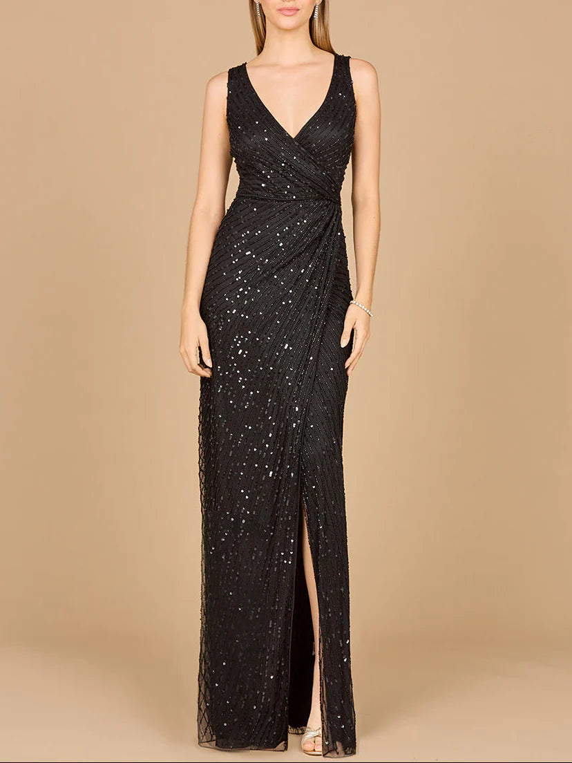 Black Sleeveless V-Neck Wrap Ruched Linear Sequin High Slit Sheath Floor Length Mother of the Bride Dresses