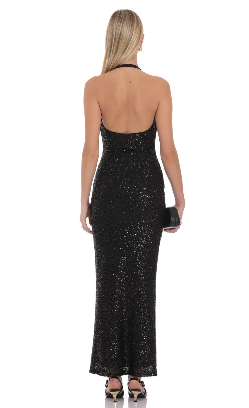 Black Sequin Halter Cowl Neck Open Back Mermaid Evening Dresses with Stretch Fabric for Gala & Prom