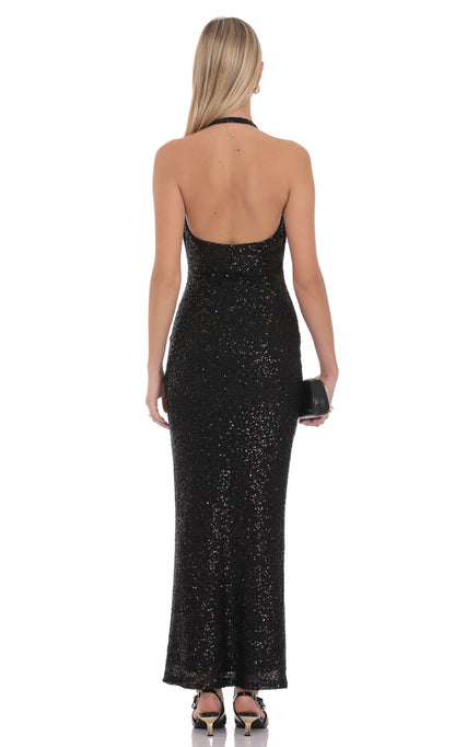 Black Sequin Halter Cowl Neck Open Back Mermaid Evening Dresses with Stretch Fabric for Gala & Prom