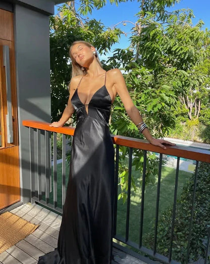 Black Sleek Satin Sheath High Slit Deep V-Neck Spaghetti Strap Open Back Lace-Up Long Prom Dresses
