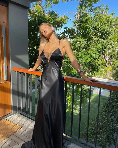 Black Sleek Satin Sheath High Slit Deep V-Neck Spaghetti Strap Open Back Lace-Up Long Prom Dresses