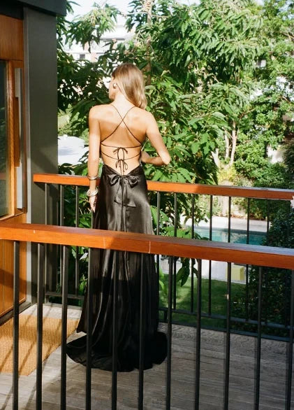 Black Sleek Satin Sheath High Slit Deep V-Neck Spaghetti Strap Open Back Lace-Up Long Prom Dresses