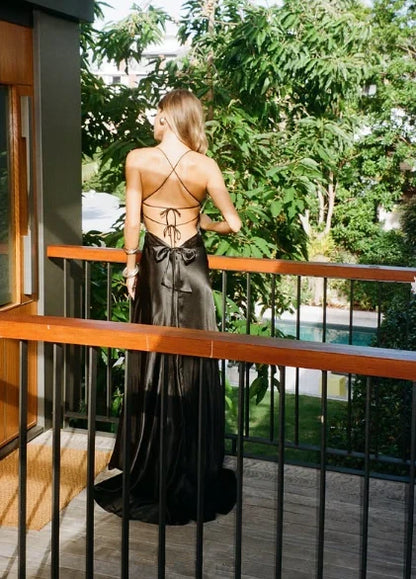 Black Sleek Satin Sheath High Slit Deep V-Neck Spaghetti Strap Open Back Lace-Up Long Prom Dresses