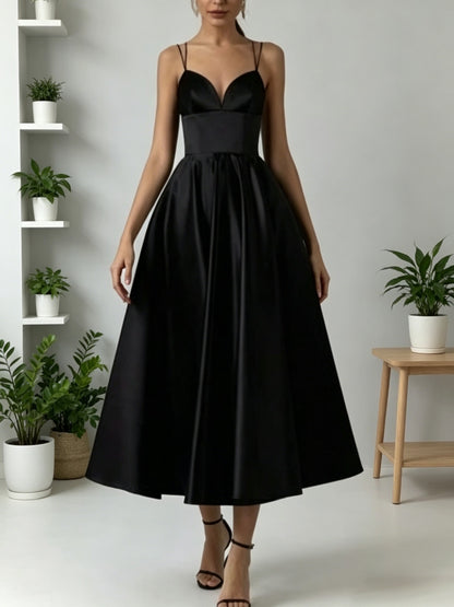 Black satin sweetheart double thin strap crisscross open back midi A-line formal prom dress