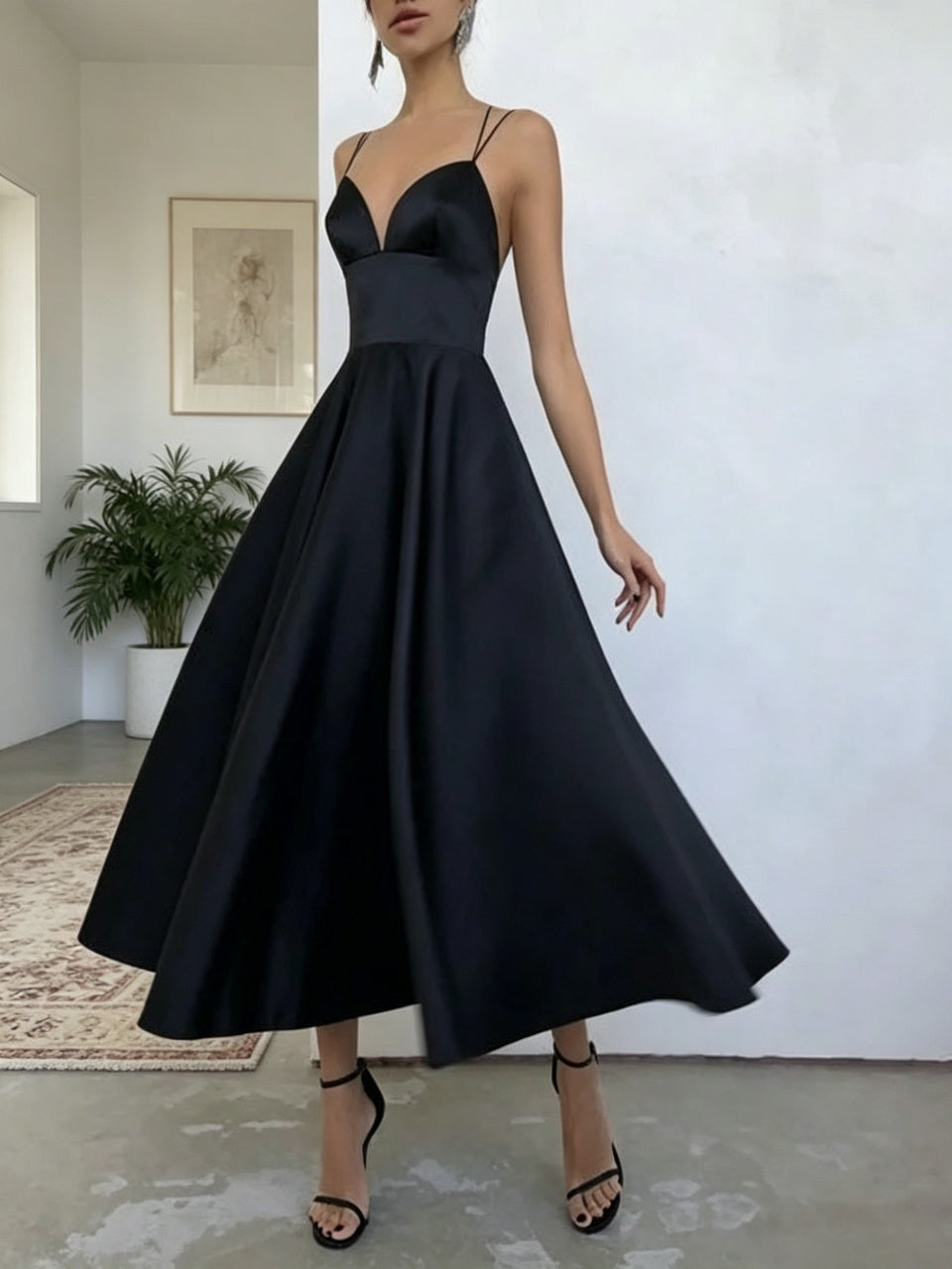 Black satin sweetheart double thin strap crisscross open back midi A-line formal prom dress