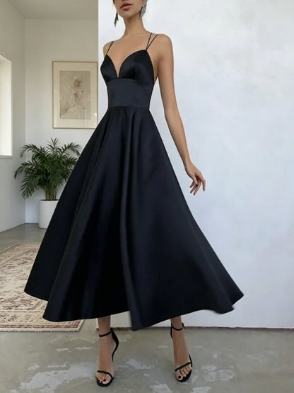 Black satin sweetheart double thin strap crisscross open back midi A-line formal prom dress