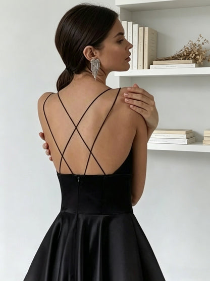 Black satin sweetheart double thin strap crisscross open back midi A-line formal prom dress
