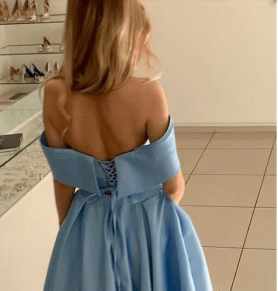 Blue A Line Off The Shoulder Floor Length Satin With Slit Prom Dresses