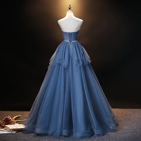 Fashionable navy blue sheer sweetheart simple and beautiful floor to ceiling party dress, blue A-line princess tight fitting corset sleeveless evening dress