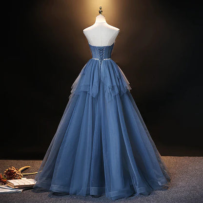Fashionable navy blue sheer sweetheart simple and beautiful floor to ceiling party dress, blue A-line princess tight fitting corset sleeveless evening dress