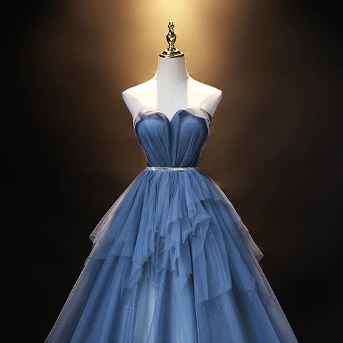 Fashionable navy blue sheer sweetheart simple and beautiful floor to ceiling party dress, blue A-line princess tight fitting corset sleeveless evening dress
