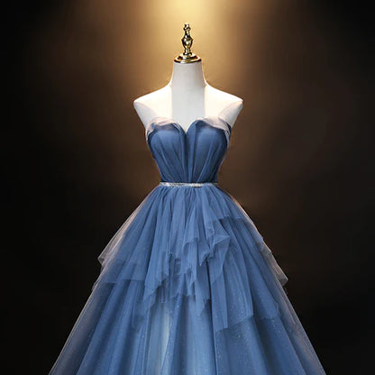 Fashionable navy blue sheer sweetheart simple and beautiful floor to ceiling party dress, blue A-line princess tight fitting corset sleeveless evening dress