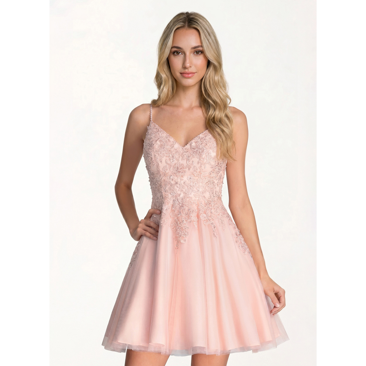 Blush Pink Beaded Lace V-Neck Spaghetti Strap Tulle A-Line Short Homecoming Dress