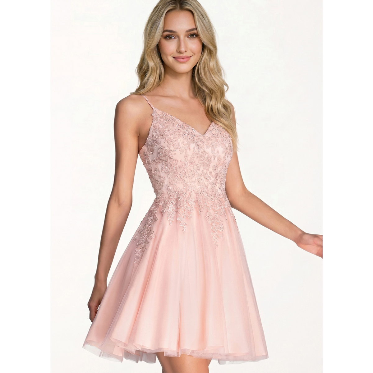 Blush Pink Beaded Lace V-Neck Spaghetti Strap Tulle A-Line Short Homecoming Dress