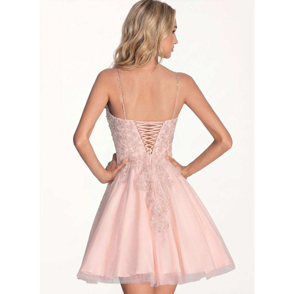 Blush Pink Beaded Lace V-Neck Spaghetti Strap Tulle A-Line Short Homecoming Dress