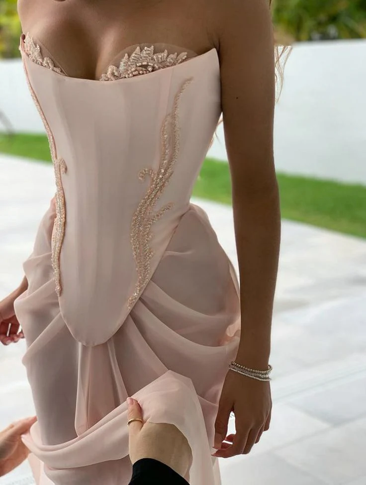 Blush Pink Corset Mermaid Strapless Lace Up Floor Length Prom Dresses