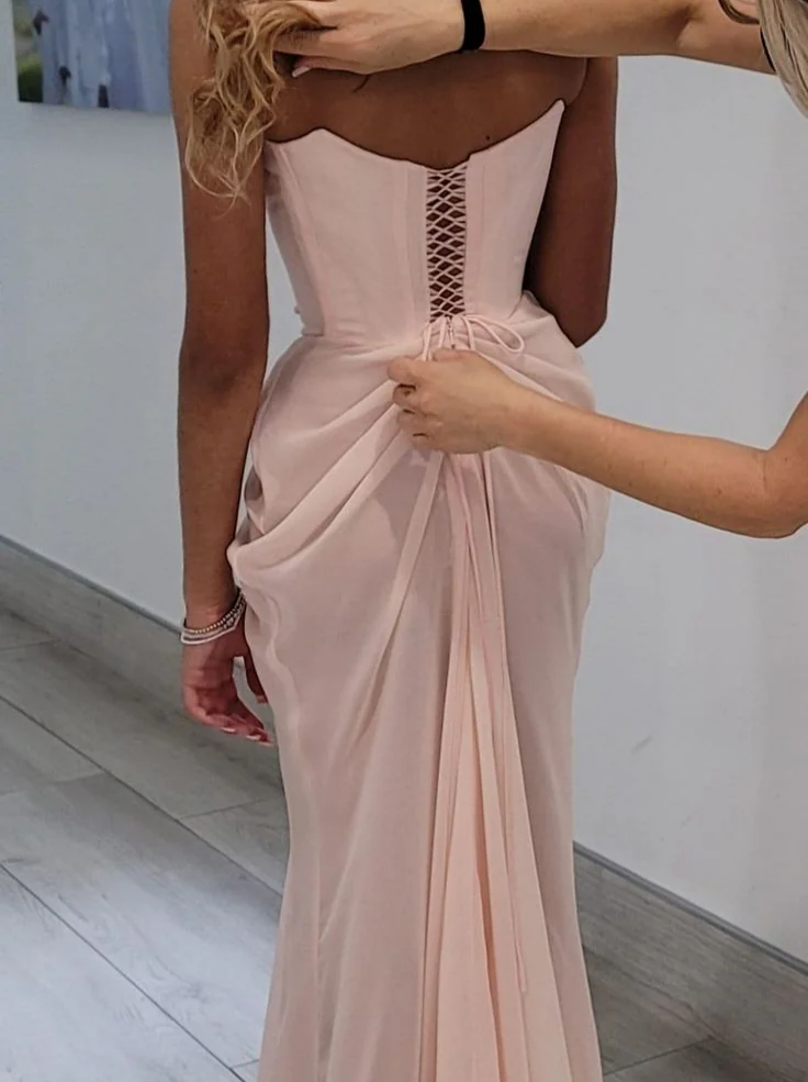 Blush Pink Corset Mermaid Strapless Lace Up Floor Length Prom Dresses