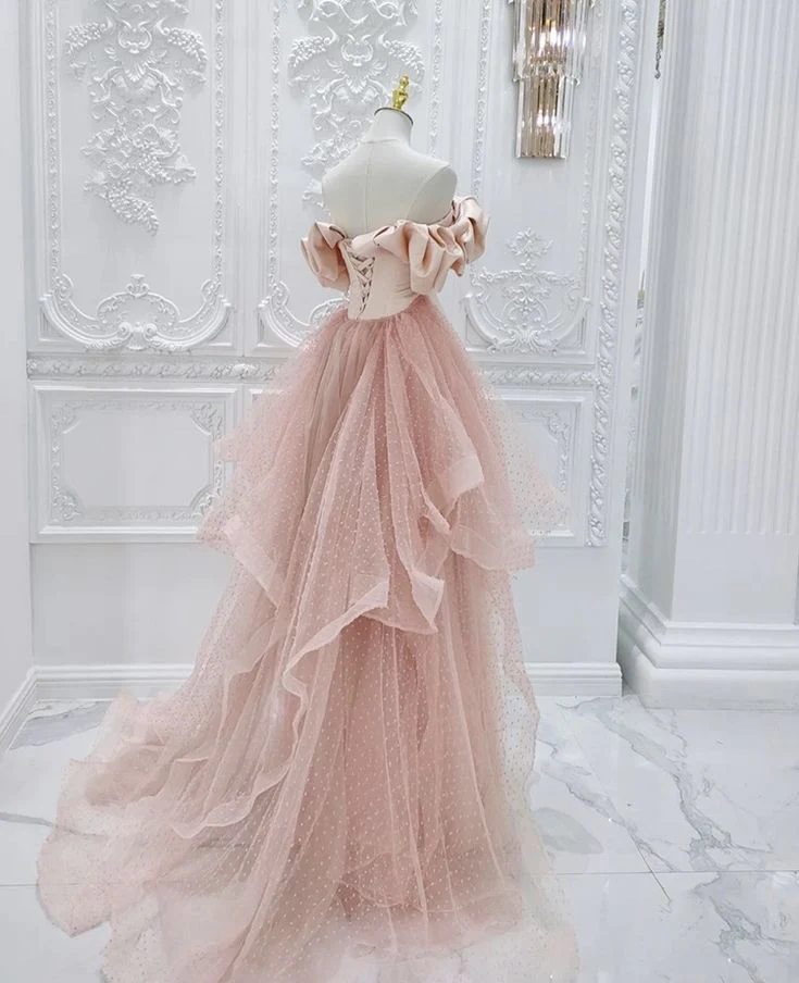Dreamy Satin Tulle A-Line Off-Shoulder Ruffled Layered Blush Pink Floor-Length Prom Dress