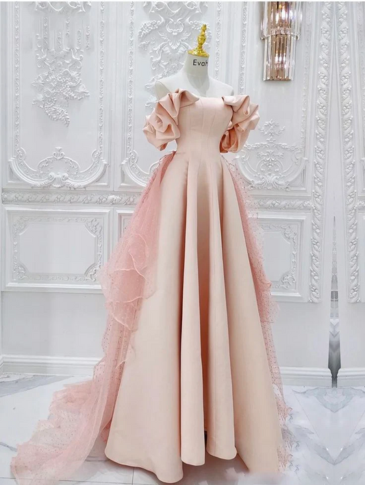 Blush Pink Off-the-Shoulder Ruffled Sleeve A-Line Prom Dress with Layered Tulle Train