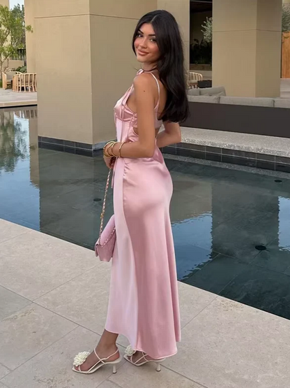 Blush Pink Satin Slip Midi V Neck Spaghetti Straps Open Back Midi Prom Dresses