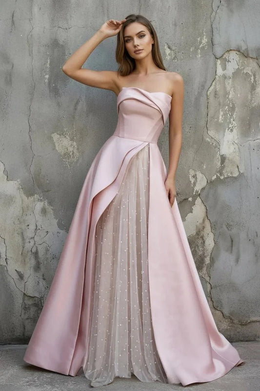 Blush Pink Satin Strapless Evening Dresses Draped Neck Polka Dot Tulle Lace Up Back Train Formal Gown