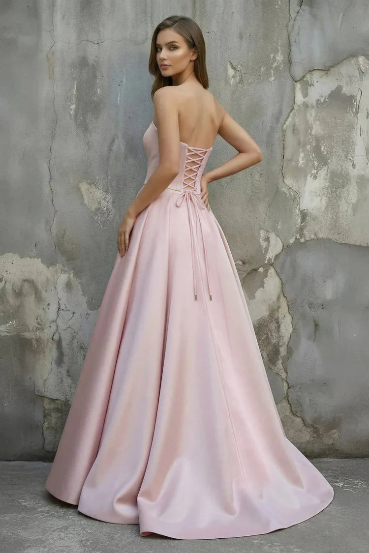 Blush Pink Satin Strapless Evening Dresses Draped Neck Polka Dot Tulle Lace Up Back Train Formal Gown