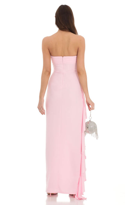 Blush Pink Strapless Jersey Evening Dress with Ruched Bodice & Asymmetric Ruffled Hem