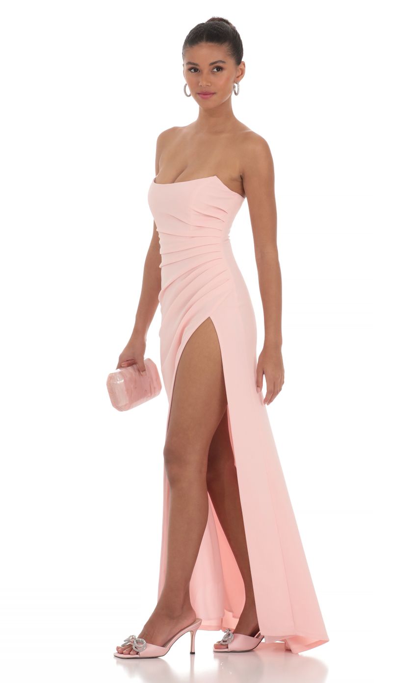 Blush Pink Strapless Jersey Evening Dress with Ruched Bodice & Lace-Up Back