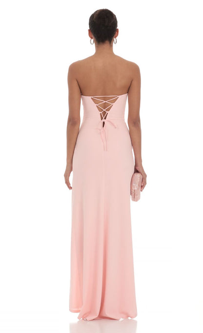 Blush Pink Strapless Jersey Evening Dress with Ruched Bodice & Lace-Up Back
