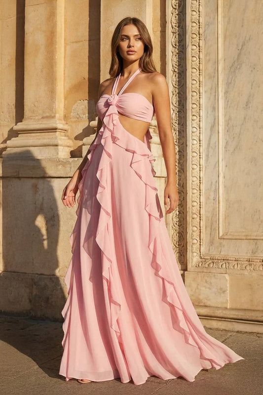 Blush Pink Chiffon Halter Evening Dresses Cutout Cascading Ruffle Backless Maxi Formal Gown