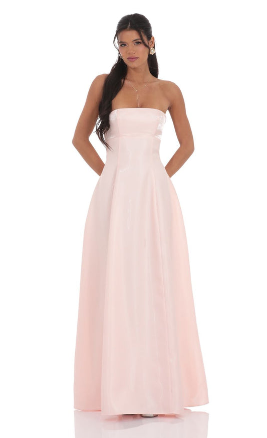 Blush Pink Strapless Taffeta Evening Dress with Lace-Up Back & A-Line Skirt