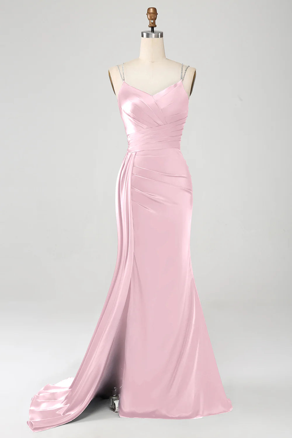 Navy blue fishtail thin shoulder strap pleated tight fitting corset long slit prom dress