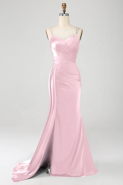 Navy blue fishtail thin shoulder strap pleated tight fitting corset long slit prom dress