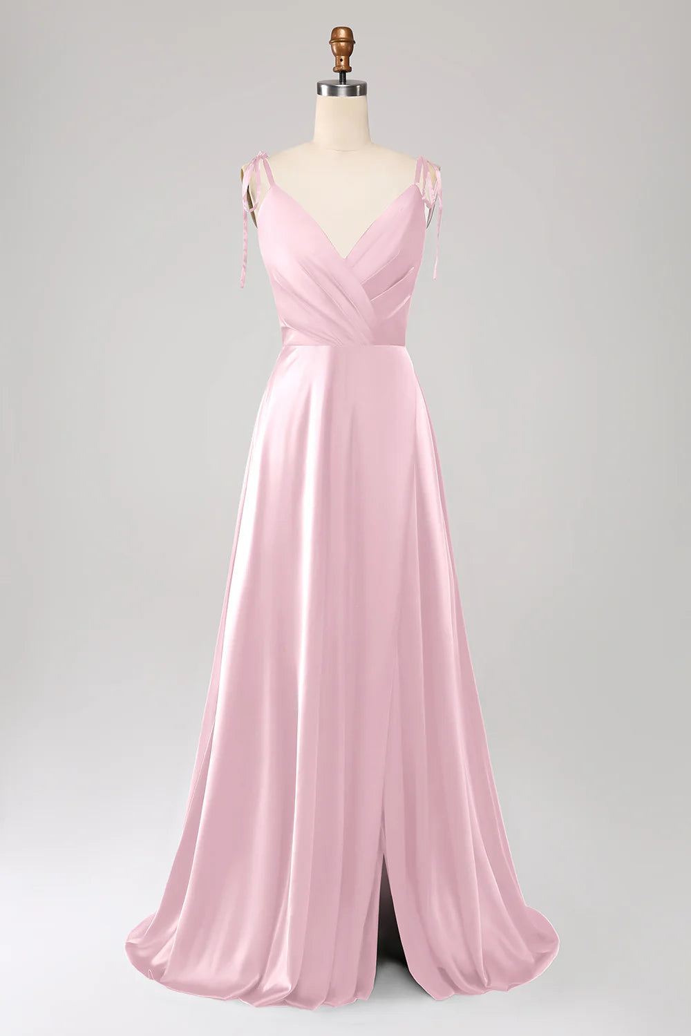 Minimalist dark green thin shoulder strap pleated slit prom dress