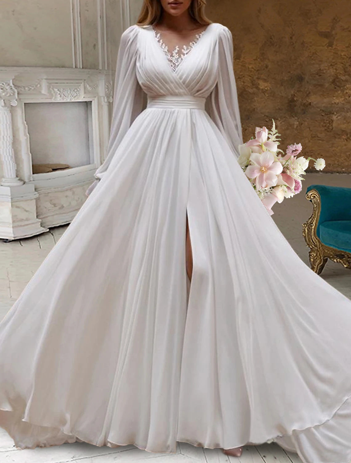 Bohemian A-line V Neck Long Puff Sleeve High Slit Floor Length Chiffon Wedding Dress