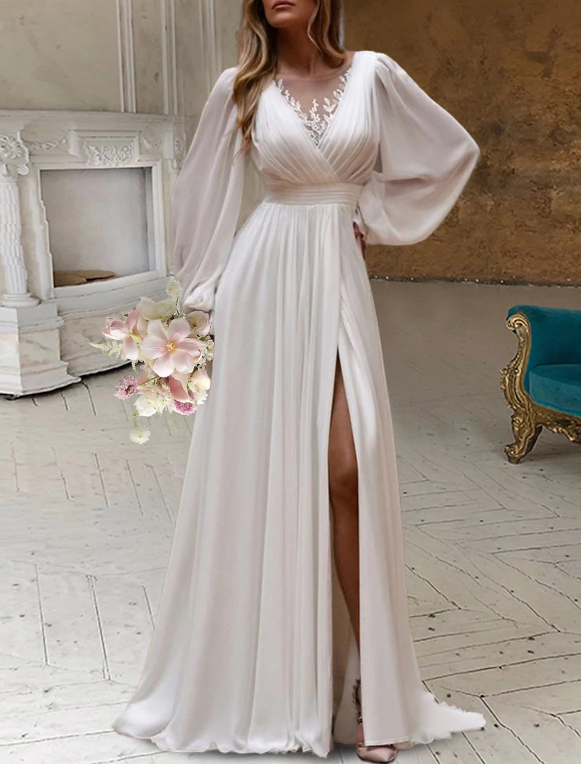 Bohemian A-line V Neck Long Puff Sleeve High Slit Floor Length Chiffon Wedding Dress